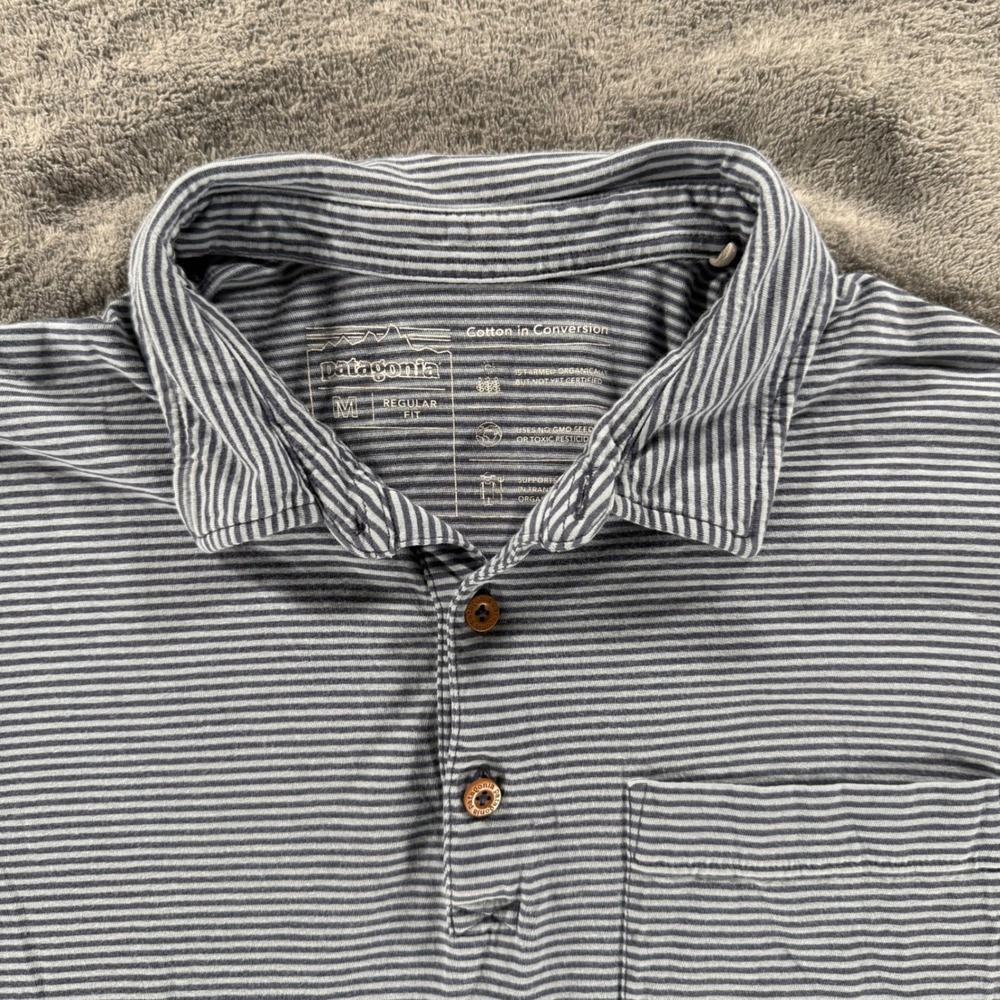 Patagonia Daily Polo Shirt Medium Blue White Striped Cotton Conversion Regular